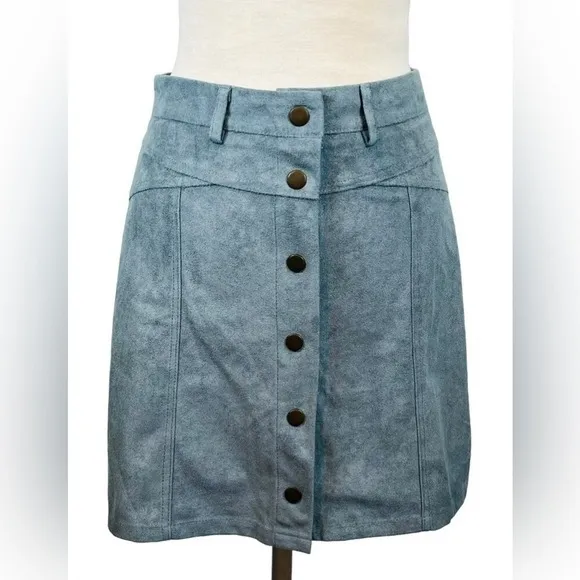 She + Sky Faux Suede Mini Skirt Womens Large‎ Blue Button Front A-Line Indie - Image 2