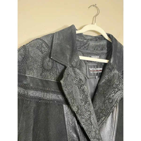 Women's Leather Coat Long Trench Black Patchwork Gothic Print Whimsigoth Moto 80 - Image 3