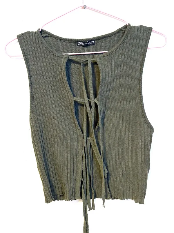 Zara Sleeveless Ribbed Tie Front Knit Top Shirt Dark Green Womens Size Small - Image 4