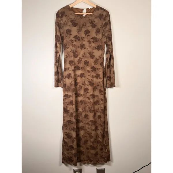 12th Tribe Casanova Brown Floral Mesh Maxi Dress Long Sleeve Brown Large Witchy - Image 2