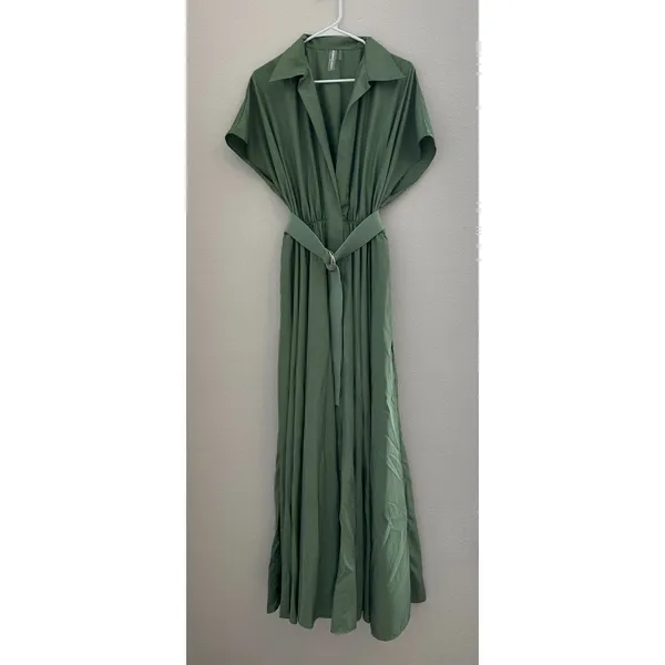 Norma Kamali Super Oversized Sleeveless Boyfriend Shirt Flared Gown Green Small - Image 2