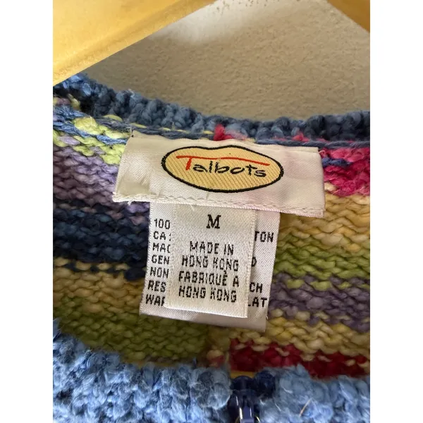 Talbots Vintage Multi Color Geometric Zip Front Cotton Knit Cardigan Sweater M - Image 4