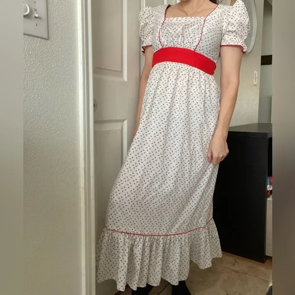 Vintage 70s Handmade Floral‎ MilkMaid Maxi Dress Puff Sleeve Back Tie Sz S - Image 3