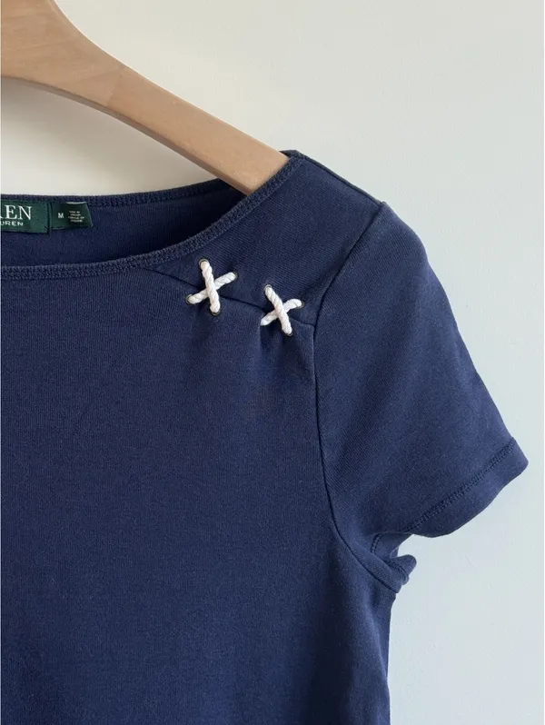 Lauren Ralph Lauren Navy Nautical Rope Detail Cotton T Shirt Top Women’s M - Image 9