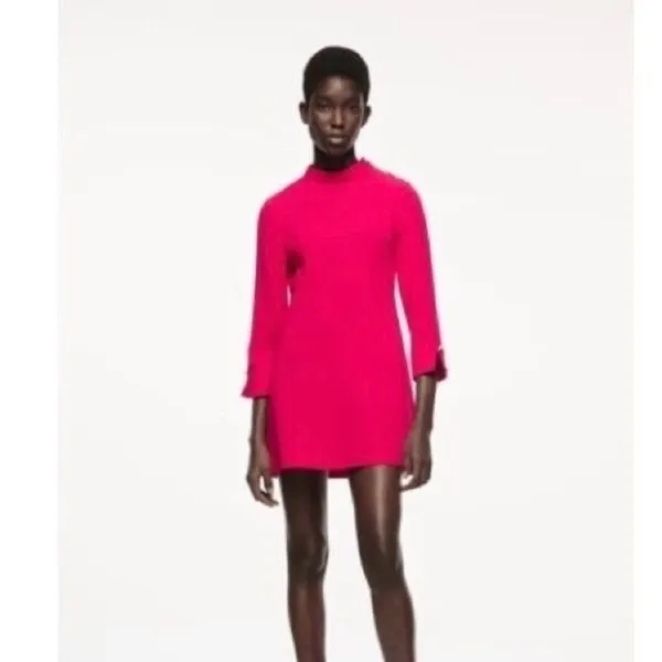 ZARA Mock Neck Mini Dress Gold Buttons Solid Pink Retro Knit Valentine Small - Image 4