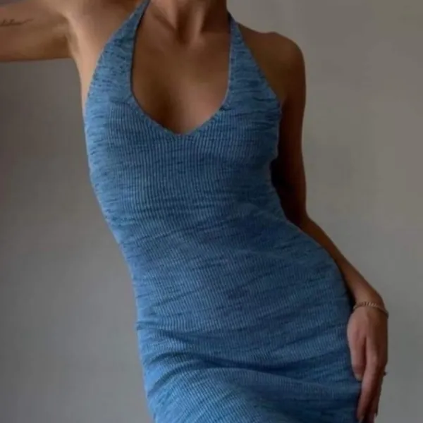 Blue Ruched Halter Cocktail Dress - Image 5