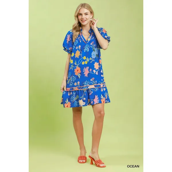 Umgee Floral Ruffle Hem Mini Dress - Ocean - Small - Image 4
