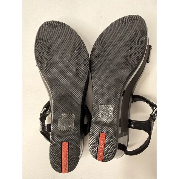 Prada Black Patent Leather Strap Sandal Shoes Wedges Size US 6.5 Y2K Festival - Image 8