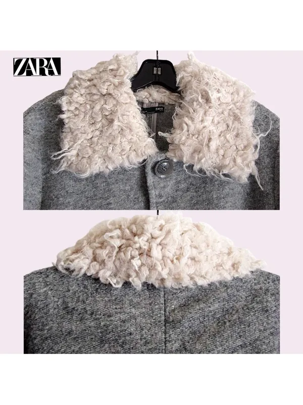 ZARA Gray Coat with Cream Faux-Shearling Collar - Image 7