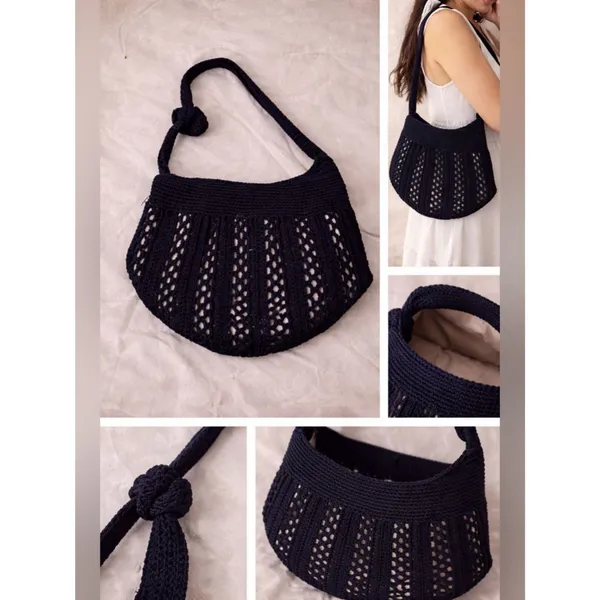 Navy Gold Metallic Crochet Shoulder Bag Open Knit Hobo Purse Boho Y2K Slouchy Ha - Image 2