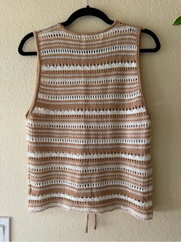Charleston Stroll Top - Striped Crochet Tie-Front Camisole in Beige and Cream - Image 4