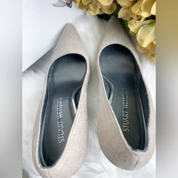 Stuart Weitzman Casual Beige Textured Block Heel Pumps Pointed Toe Women's Shoes - Image 6