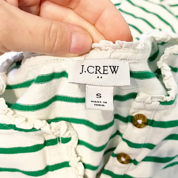 J. Crew Long Sleeve Striped Ruffleneck Henley Shirt Top Green White Small - Image 3