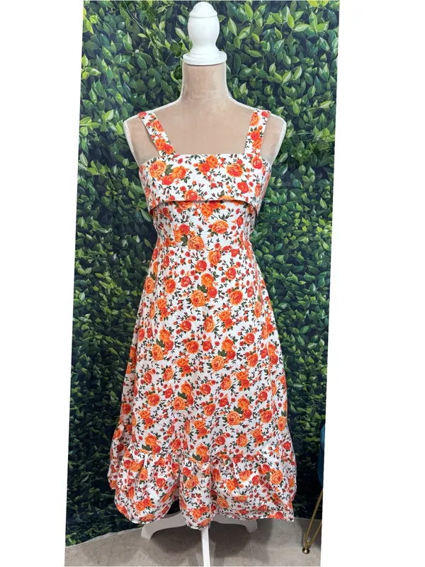 Boutique Floral Garden Party Midi Dress Tie Back Ruffle Hem Cotton Size Medium - Image 5