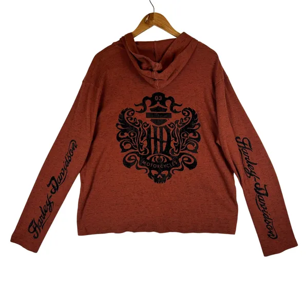 Harley-Davidson Womens 3W Rust Orange Space Dye Hooded Henley Flocked Top 2014 - Image 2