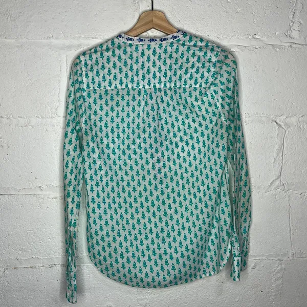 J. Crew Women's Teal Blue White Cotton Thistle Print Popover‎ Size Small - Image 2