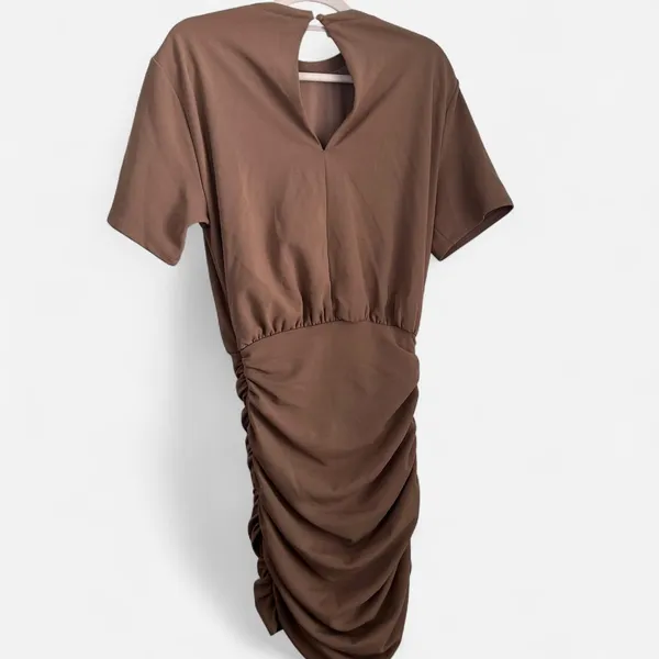Abercrombie & Fitch Taupe Ruched Mini Dress – Bodycon Short Sleeve Neutral xs - Image 3