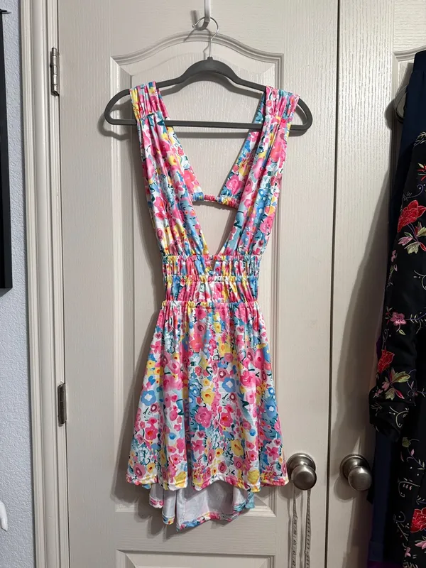 💖Floral Plunge Open Back‎ Mini Dress Maximalist Garden Party Summer Coquette - Image 2