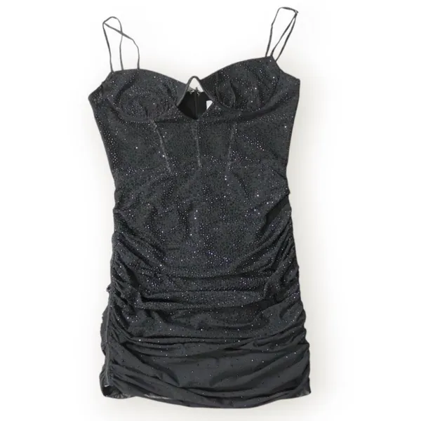 Oh Polly Black Rhinestone Mesh Ruched Mini Dress - Image 3