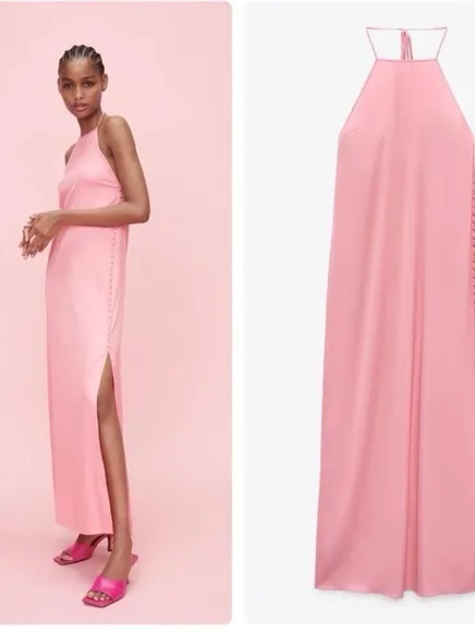 Zara Pink Halter Maxi Dress with Side Slit - Image 2