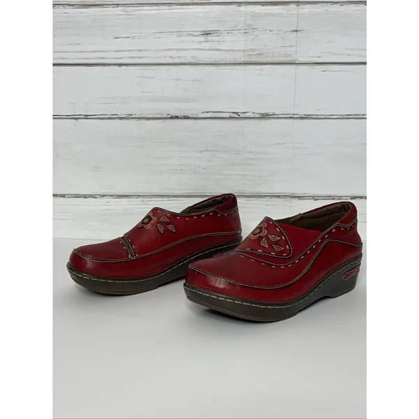 Spring Step L'Artiste Burbank Red Leather Floral Clogs Women EU 39 US 8 Wedge - Image 7