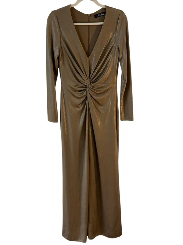 Lauren Ralph Lauren Nadira Metallic Gold Twist Front Gown Dress Size 6 - Image 3