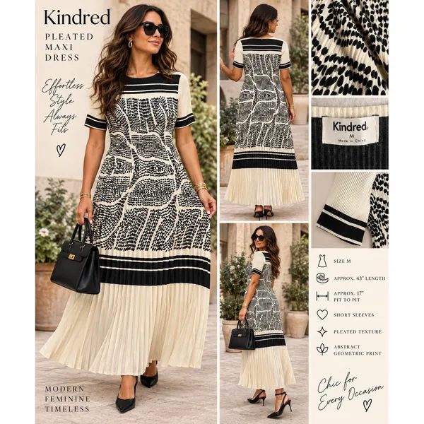 Kindred Pleated Maxi Dress M Cream Black Abstract Geometric Short Sleeve Print - Image 2