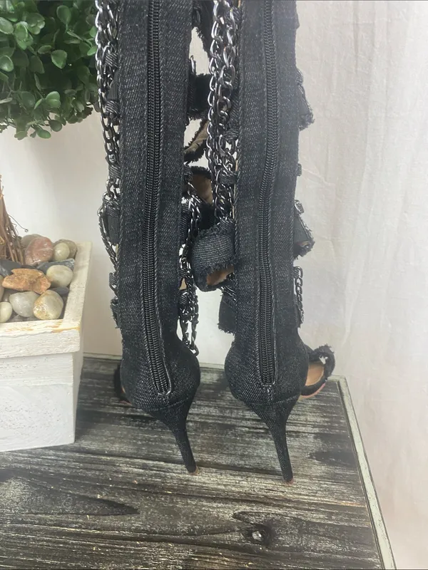 Cape Robbin Black Alza 77 Frayed Denim Spike Heel Chain Trim Gladiator Shoes 6 - Image 4