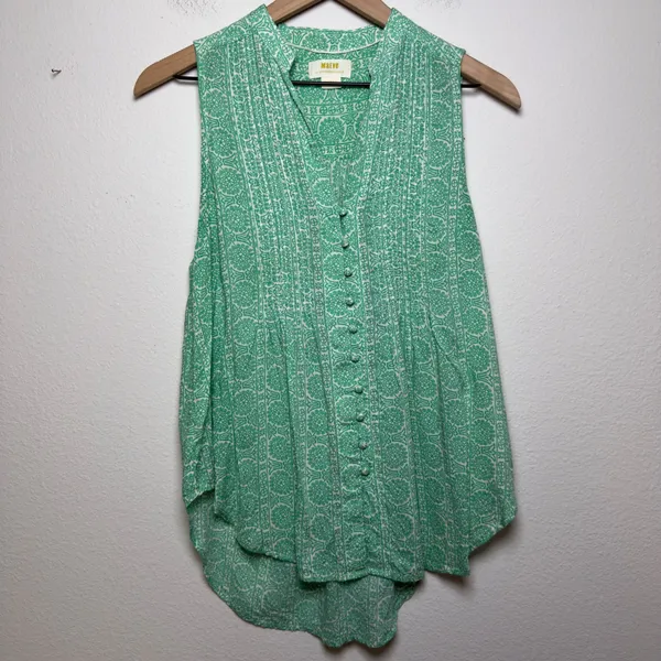 Maeve‎ Anthropologie Women Tunic Tank Top XS Green Medallion Pintuck Sleeveless - Image 3