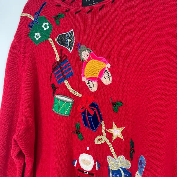 Vintage Red Christmas Sweater Embroidered Santa Toys Gifts Holiday Pullover - Image 8