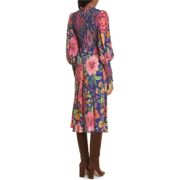 Farm Rio Macaw Bloom Floral Smocked Mock Neck Juliet Dress S - Image 6