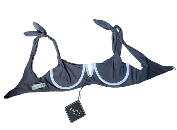 NEW Zaful Gray Smocked Shirred Bowknot Underwire V Cut Two Piece Bikini Set - Image 5