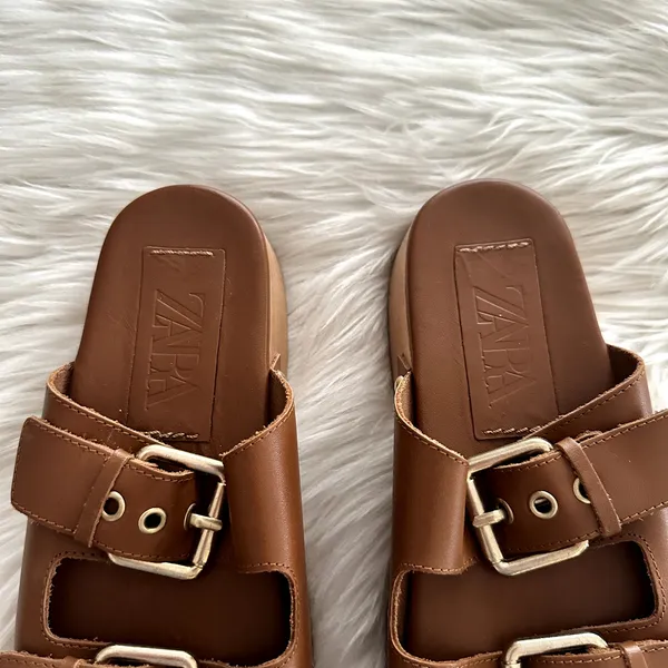 Zara Leather Double Buckle Wooden Platform Sandal Sz 7.5 - Image 3