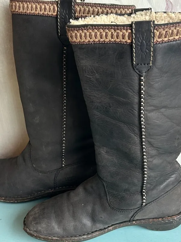 UGG Swell Tall Winter Black Leather Sheepskin Tasman Boots Size 8 - Image 14
