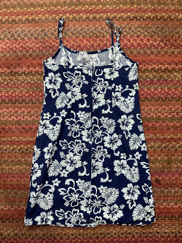 VTG HILO HATTIE BLUE HIBISCUS HAWAIIAN Print cotton DRESS - Image 3