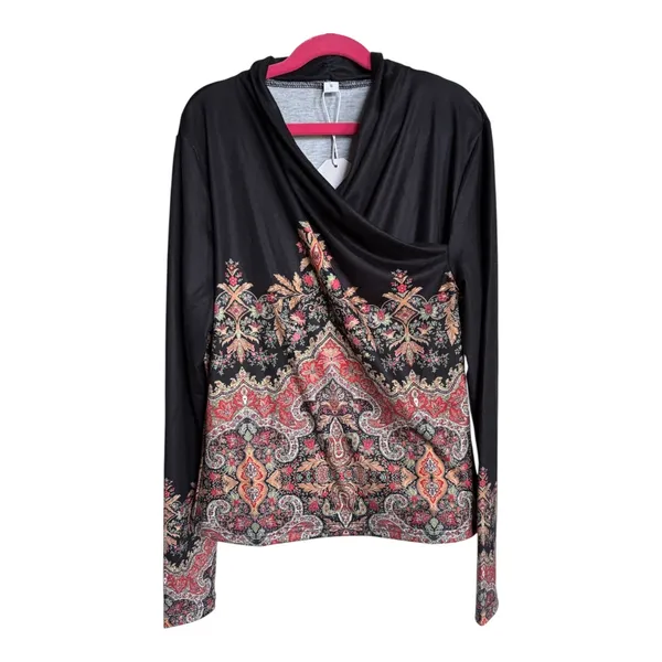 Made with Love Black Red Brown Green Paisley Knit‎ Top Crossover V Neck S - Image 3