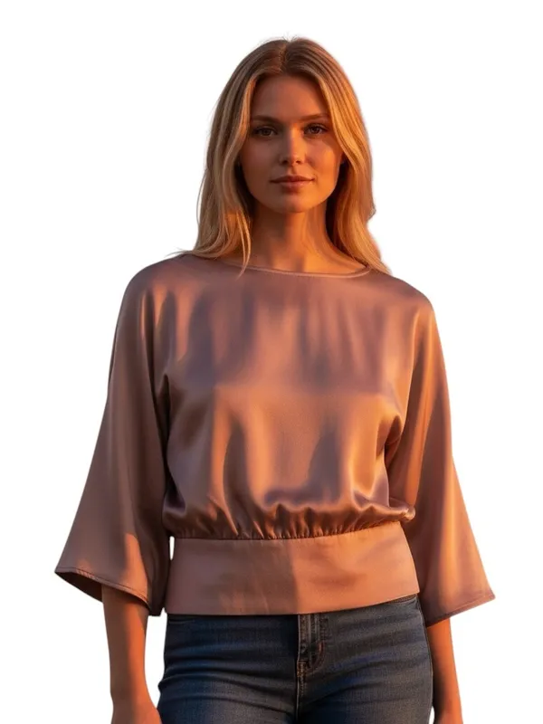 Express Satin Blouse Womens L Dusty Rose Dolman Sleeve Smocked Waist Party Top - Image 2