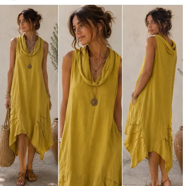 For Cynthia Mustard Yellow Linen Blend Cowl Neck Tulip Hem Midi Dress‎ Small - Image 2