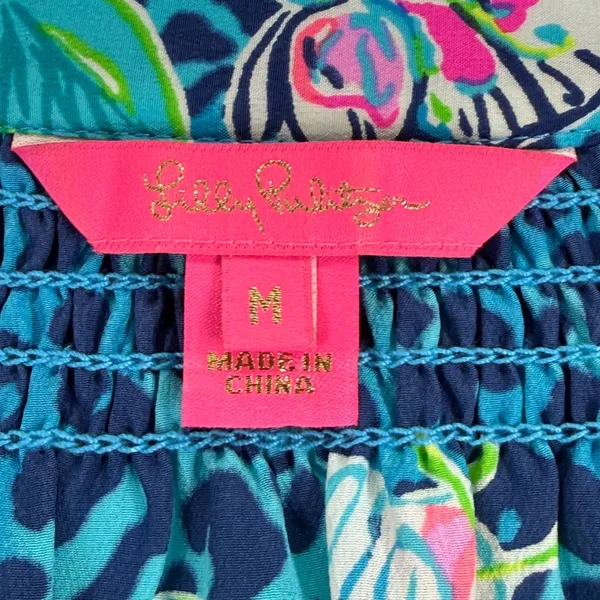 Lilly Pulitzer Elsa Blouse‎ Womens Medium Blue Silk Leopard Floral Smocked Top - Image 2