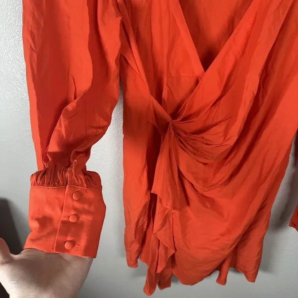 Showpo Long Sleeve Mini Dress Size US14 Bright Orange Faux Wrap Ruffle - Image 3
