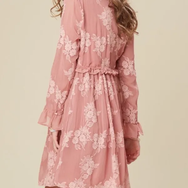 Altard State Dusty Rose Floral Embroidered Ruffle V Neck Mini Dress Long Sleeve - Image 10