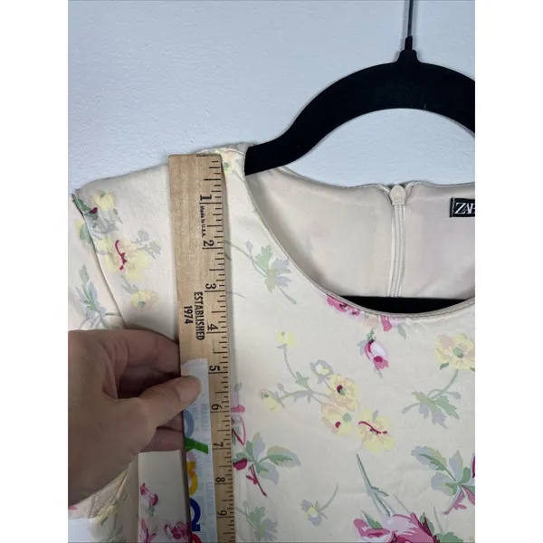 Zara Medium Dress Womens Floral Short Sleeve 90s Style‎ Yellow Pink Roses Lined - Image 11