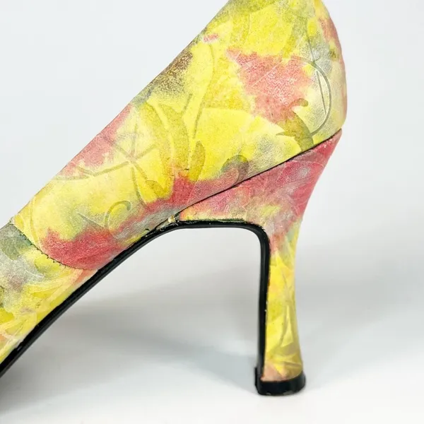 Bellini Tamesis Embossed Leather Kitten Heels Shoes Floral Yellow Pink Women 7.5 - Image 9
