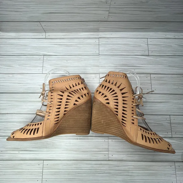 Jeffrey‎ Campbell Rodillo Cutout Leather Wedge Peep Toe Sandals Tan Womens 8 - Image 2