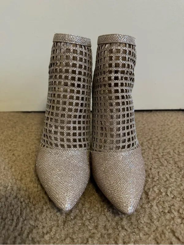 ANNE MICHELLE Gold Shimmery Pointed Toe Lattice Cutout Ankle Booties Size 7 - Image 3