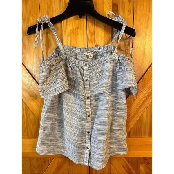 Lucky Brand Blue White Off Shoulder Top Ruffle Small (4400) - Image 2