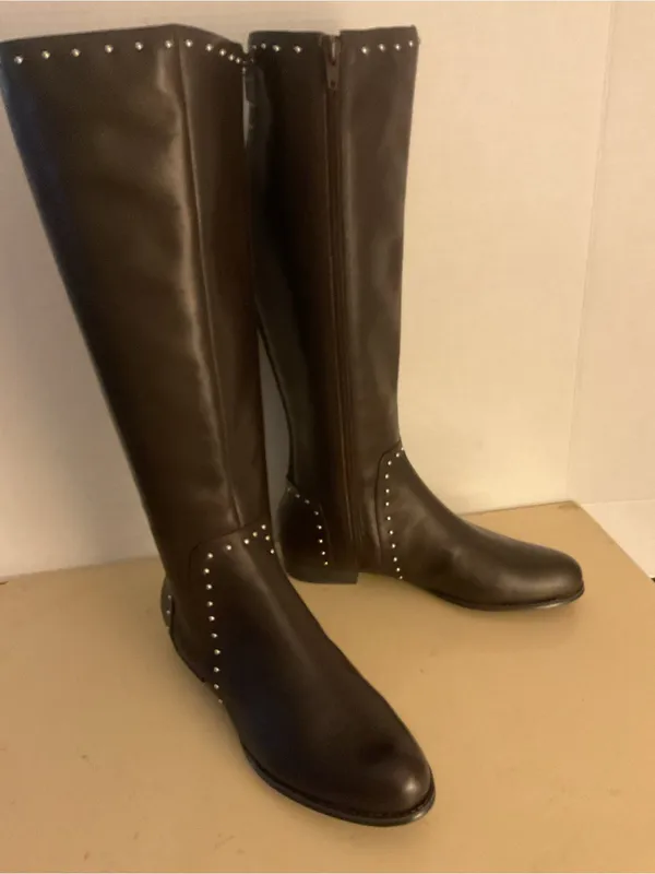 Isaac Mizrahi women brown leather Stud-Trim tall Knee Boots riding boots US 9.5 - Image 3