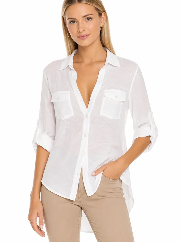 a.n.a White Button Down High Low Roll Tab Sleeve Utility Blouse Shirt Small - Image 6