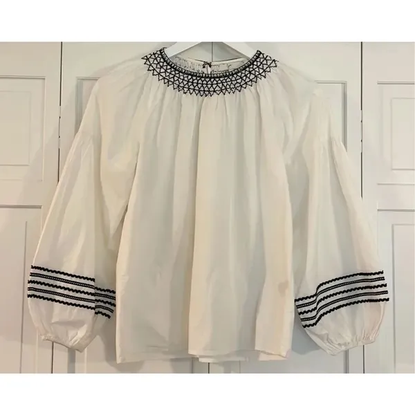 Joie cotton peplum ric rac embroidered puff sleeve blouse xs - Image 3