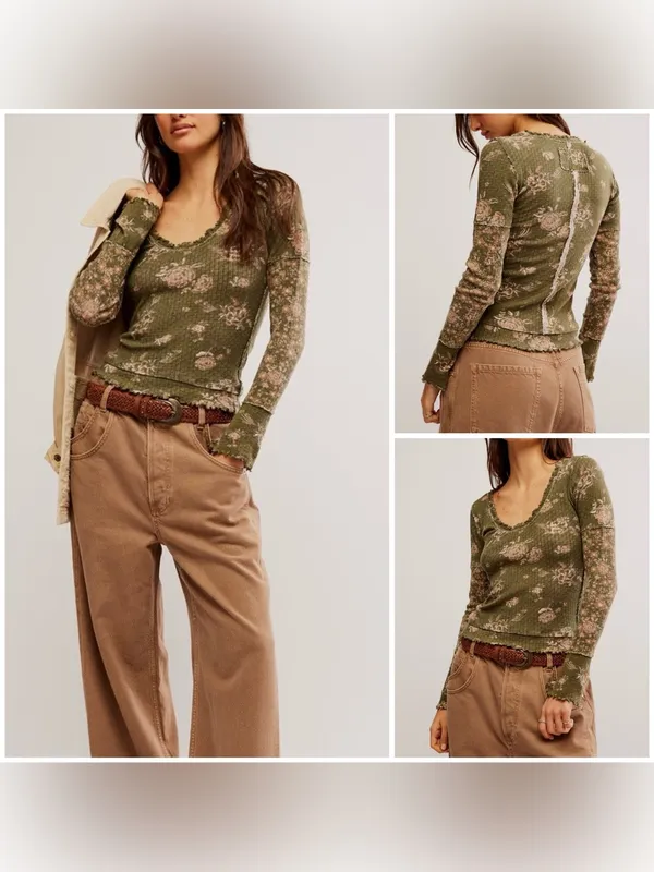 NWOT Free People We The Free Clover Printed Thermal - Army combo - Small - Image 2